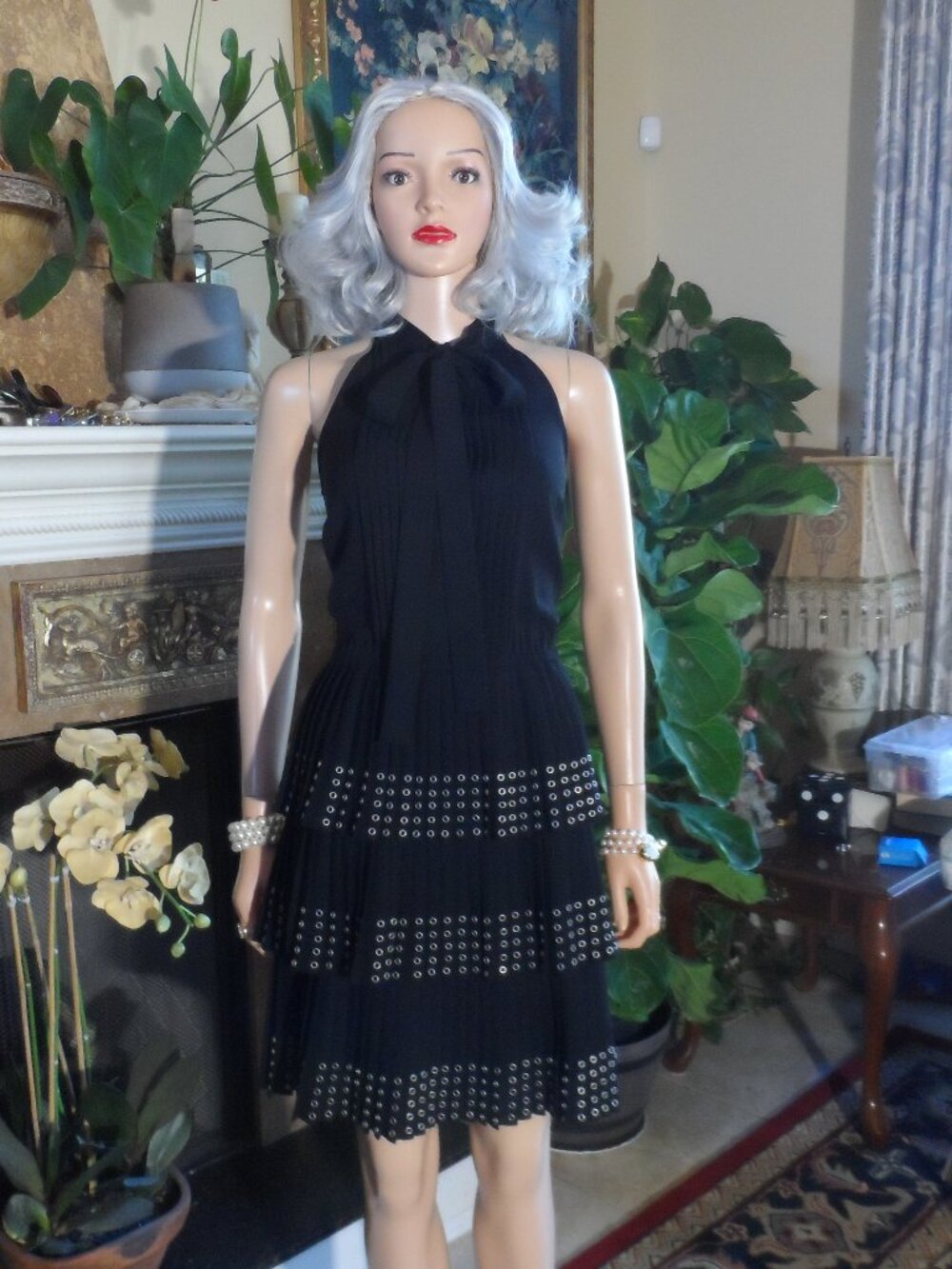 Michael Kors Collection Black Pleated Grommet Halter Dress Size 4